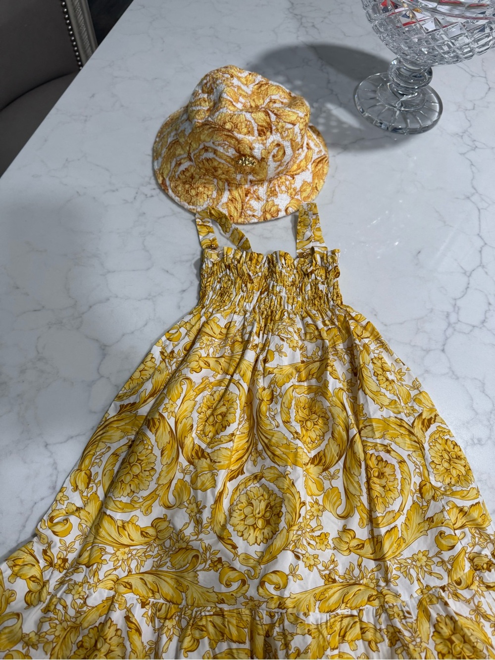Versace Cream and Yellow Baroque Print Dress with Matching Hat